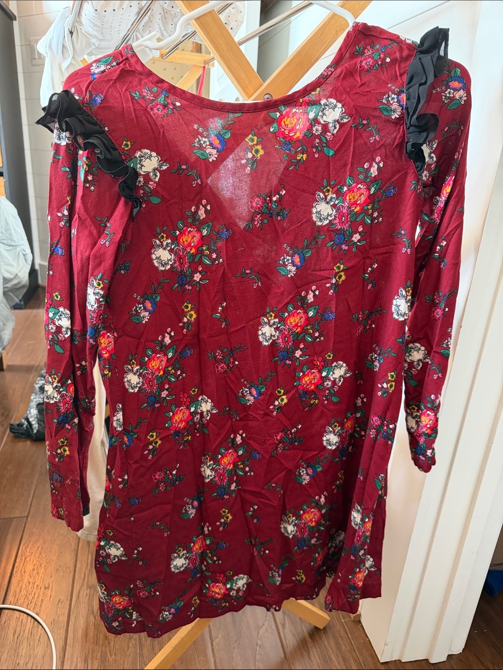 Hanna Andersson Burgundy Floral Ruffle-Shoulder Long Sleeve Dress